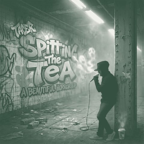 Cover art for the Dominion Sound Publishing EP Spitting The Tea: A Beautiful Horror, printed here in a single ink.